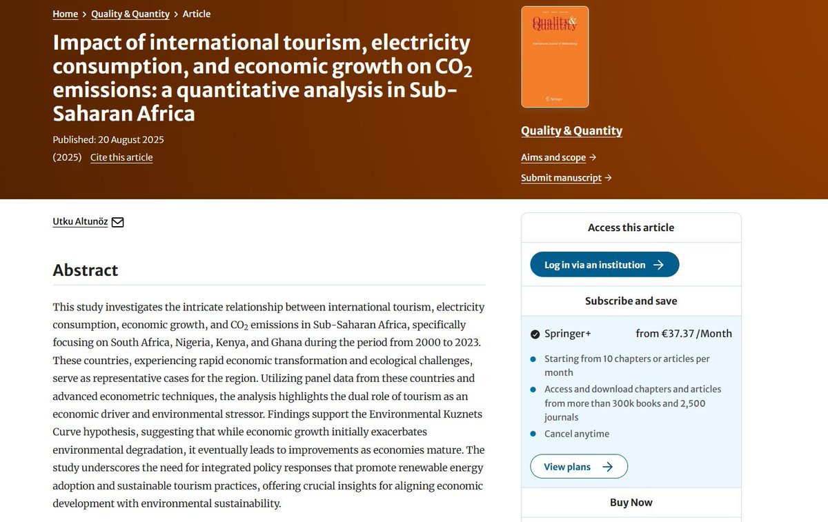 Çalışmam nihayet yayınlandı...TÜBİTAK'a da yayın teşvik için teşekkür ederim...Bu çalışmada Sahra altı  uluslararası turizm, elektrik tüketimi, ekonomik büyüme ve CO2 emisyonları arasındaki karmaşık ilişkiyi, özellikle 2000-2023 döneminde Güney Afrika, Nijerya, Kenya ve Gana'ya