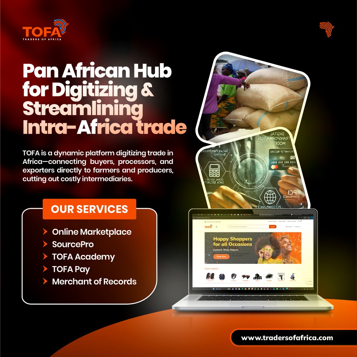 tofadotcom's tweet image. 🌍TOFA is transforming African trade!
Explore our services: Online Marketplace, SourcePro, TOFA Academy, TOFA Pay &amp;amp; Merchant of Records.✨
Visit: tradersofafrica.com
#ShopAfrica #TradeAfrica #TofaMarketplace