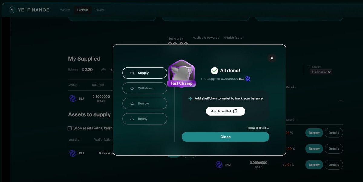Yei is LIVE on Injective EVM testnet
You should test and claim Test Champ
How to start?

- Go to lite.yei.finance
- Click to the Faucet tab 
- Enter your Injective or EVM address 
- Request tokens
- Supply liquidity 
- Borrow assets 
- Repay loans 
- Withdraw funds

Yei is