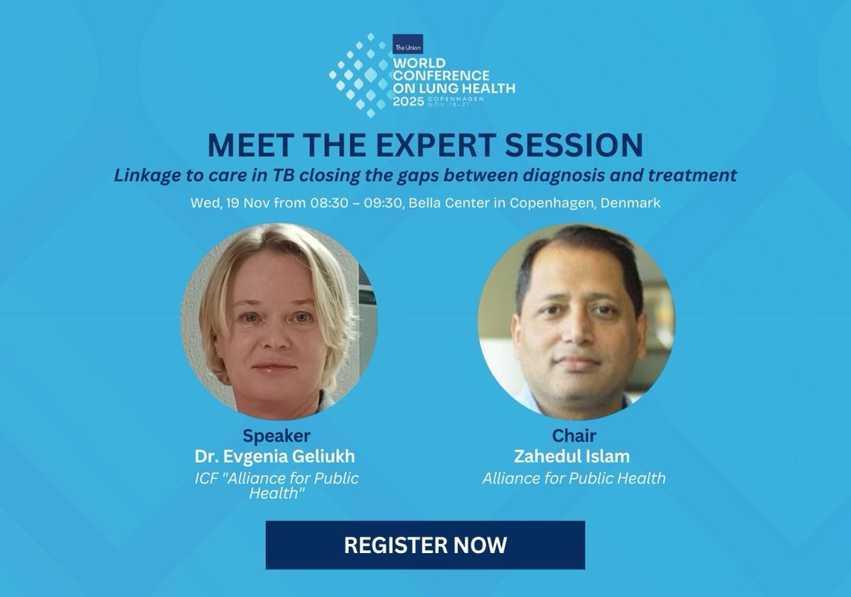 UnionConference's tweet image. 🚨 Meet the Experts at #WCLH2025

Join us for this session with speaker Dr. Evgenia Geliukh and chair Zahedul Islam

 🗣️Linkage to care in TB: Closing the gaps between diagnosis and treatment
🗓️ 19 Nov
🕣 08:30 – 09:30
📍 Bella Center

🎯tinyurl.com/5f9n39cr

#UnionConf