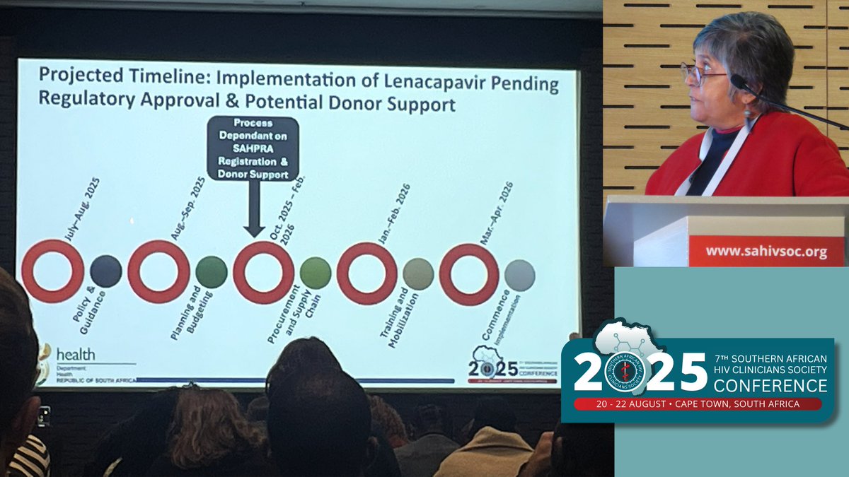 SAHIVSoc's tweet photo. #SAHCS2025 - South Africa is preparing for the next step in HIV prevention — #lenacapavir, a #PrEP injection given just twice a year. The rollout could start as early as March–April 2026, provided donor support and regulatory approval are secured. Update by Hasina Subedar -NDoH https://t.co/OPGTuVoTqH