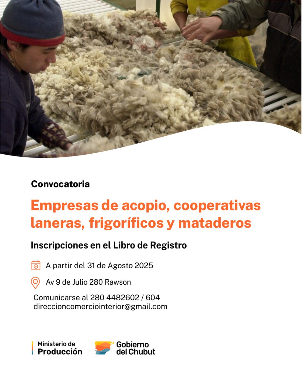 #Acopiadores 
El Gobierno convoca a ➡️empresas de acopio, cooperativas laneras, frigoríficos y  mataderos a inscribirse en el Libro de Registro para su actividad.
👉La convocatoria inicia el 31 de agosto , según la Ley IX N°16 y el decreto 1616/84, que regulan la actividad.