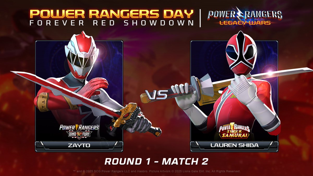 ⚡️ Next up in Forever Red Showdown: ZAYTO vs. LAUREN SHIBA! Two powerful Red Rangers. One spot to move forward.
❤️ Who will YOU send to the next round? Cast your vote in the thread below -- you've got 24 hours until the poll closes!