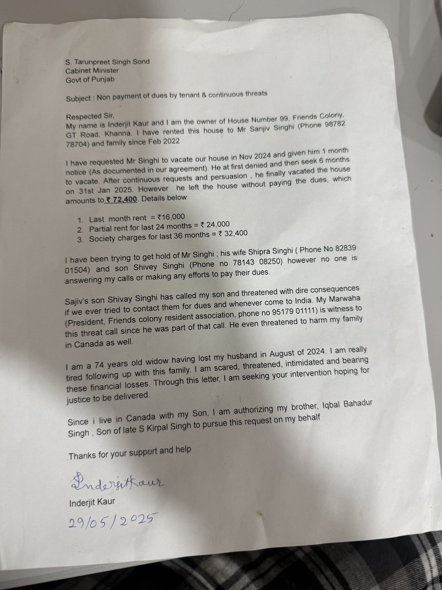 Bedi Dhiman {ਬੇਦੀ ਧੀਮਾਨ} (@bedisahibsingh) on Twitter photo <a href="/BhagwantMann/">Bhagwant Mann</a> ਸਰ
ਇਕ ਵਿਧਵਾ ੭੫ ਸਾਲ ਦੀ ਬਜ਼ੁਰਗ ਨਾਲ ਧੱਕੇਸ਼ਾਹੀ ਹੋ ਰਹੀ ਹੈ
੫੫ ਦਿਨ ਤੋ ਇਨਸਾਫ਼ ਦੀ ਗੁਹਾਰ ਲਗਾ ਰਹੇ ਹਾਂ
ਕਿਰਪਾ ਕਰ ਕੇ ਕੋਈ ਤਾਂ ਸੁਣਵਾਈ ਕਰੋ <a href="/BhagwantMann/">Bhagwant Mann</a> ਸਰ
ਇਕ ਵਿਧਵਾ ੭੫ ਸਾਲ ਦੀ ਬਜ਼ੁਰਗ ਨਾਲ ਧੱਕੇਸ਼ਾਹੀ ਹੋ ਰਹੀ ਹੈ
੫੫ ਦਿਨ ਤੋ ਇਨਸਾਫ਼ ਦੀ ਗੁਹਾਰ ਲਗਾ ਰਹੇ ਹਾਂ
ਕਿਰਪਾ ਕਰ ਕੇ ਕੋਈ ਤਾਂ ਸੁਣਵਾਈ ਕਰੋ