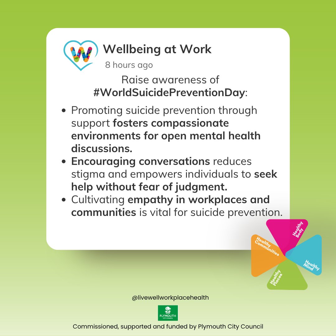 Livewell Workplace Health (Wellbeing at Work) (@wellbeing_work) on Twitter photo 🧡 It’s #WorldSuicidePreventionDay 💛
Reach out. Listen. Support saves lives.
Break the silence. End the stigma.
You matter. We all matter.
<a href="/livewellsw/">Livewell Southwest</a> <a href="/oneyouplymouth/">One You Plymouth</a> <a href="/PHPlymouth/">Public Health Plymouth</a> <a href="/mentalhealthuk/">Mental Health UK</a> <a href="/samaritans/">Samaritans</a> 🧡 It’s #WorldSuicidePreventionDay 💛
Reach out. Listen. Support saves lives.
Break the silence. End the stigma.
You matter. We all matter.
<a href="/livewellsw/">Livewell Southwest</a> <a href="/oneyouplymouth/">One You Plymouth</a> <a href="/PHPlymouth/">Public Health Plymouth</a> <a href="/mentalhealthuk/">Mental Health UK</a> <a href="/samaritans/">Samaritans</a>