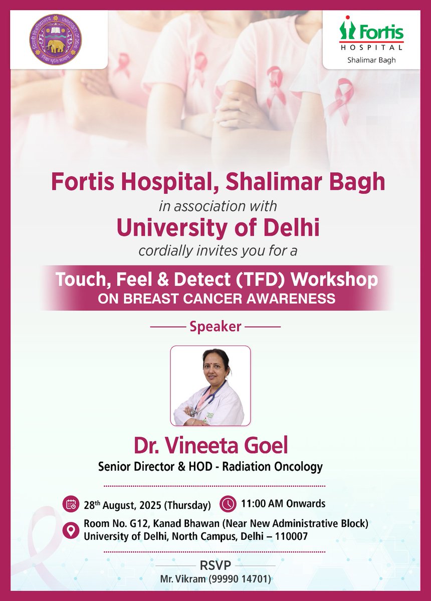 Workshop on Breast Cancer Awareness (August 28, 2025)
--------------------------------------------------------
Click here to Register for the workshop - tinyurl.com/mr5yvfzn

Online Link for attending will be shared a day before the Workshop.