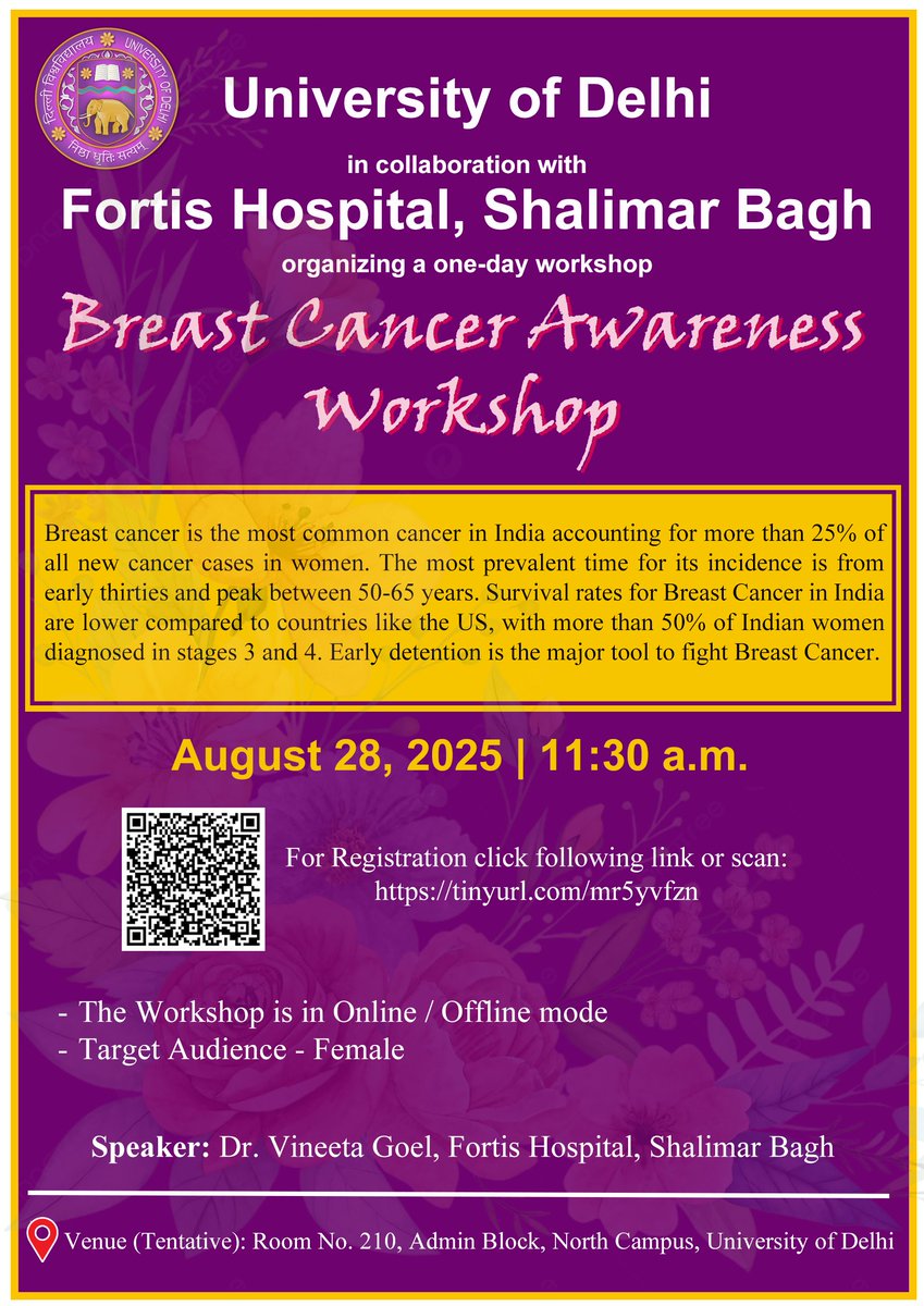 UnivofDelhi's tweet photo. Workshop on Breast Cancer Awareness (August 28, 2025)
--------------------------------------------------------
Click here to Register for the workshop - https://t.co/OsFRKRU2EE

Online Link for attending will be shared a day before the Workshop. https://t.co/8LLf0I8N2w