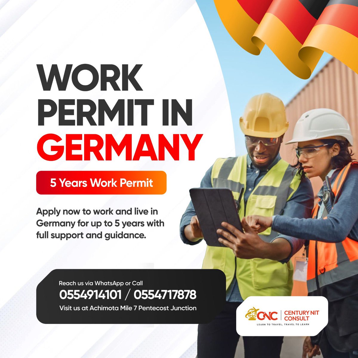 century_nit's tweet image. Looking for an opportunity to Travel and work in Germany? This Is Your Chance! Century Nit Consult is opening the door for you!

👉 Visit us at Achimota Mile 7, Pentecost Junction

Call/WhatsApp: 0554914101/0554717878

#germanyworkpermit #travelandworkingermany 
#studyabroad