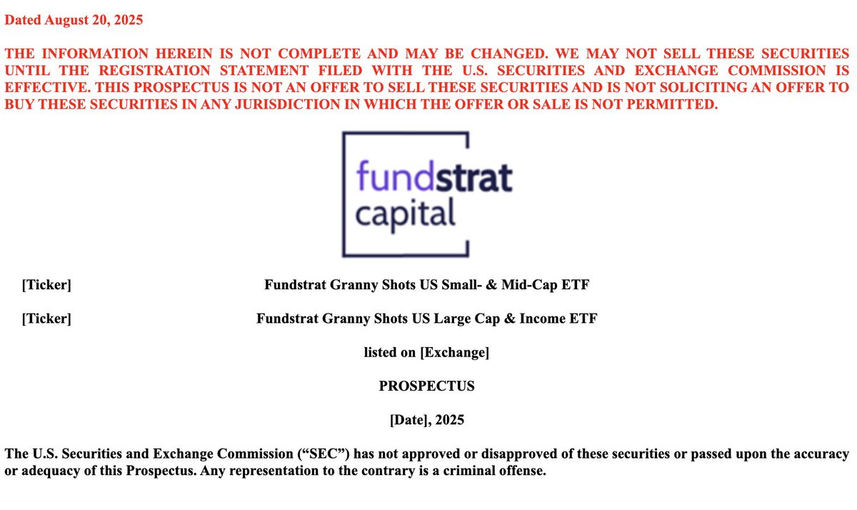 Tom Lee Tracker (@tomleetracker) on Twitter photo 🚨 NEW ETF FILING
Tom Lee’s <a href="/fundstrat/">Thomas (Tom) Lee (not drummer) FSInsight.com</a> just filed for 2 NEW ETFs under Tidal Trust III:
• Granny Shots US Small & Mid-Cap ETF
• Granny Shots US Large Cap & Income ETF
No tickers yet. Source: SEC filing 🚨 NEW ETF FILING
Tom Lee’s <a href="/fundstrat/">Thomas (Tom) Lee (not drummer) FSInsight.com</a> just filed for 2 NEW ETFs under Tidal Trust III:
• Granny Shots US Small & Mid-Cap ETF
• Granny Shots US Large Cap & Income ETF
No tickers yet. Source: SEC filing