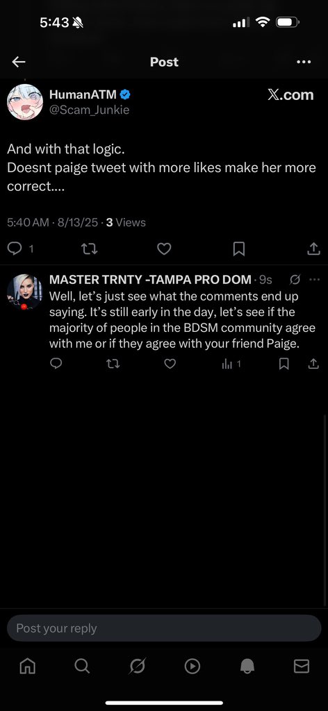 _master_8's tweet image. Hey community, running a little test. Do you believe that Submissives deserve respect as human beings? Or is Paige correct? 
Please retweet so people can make their vote.