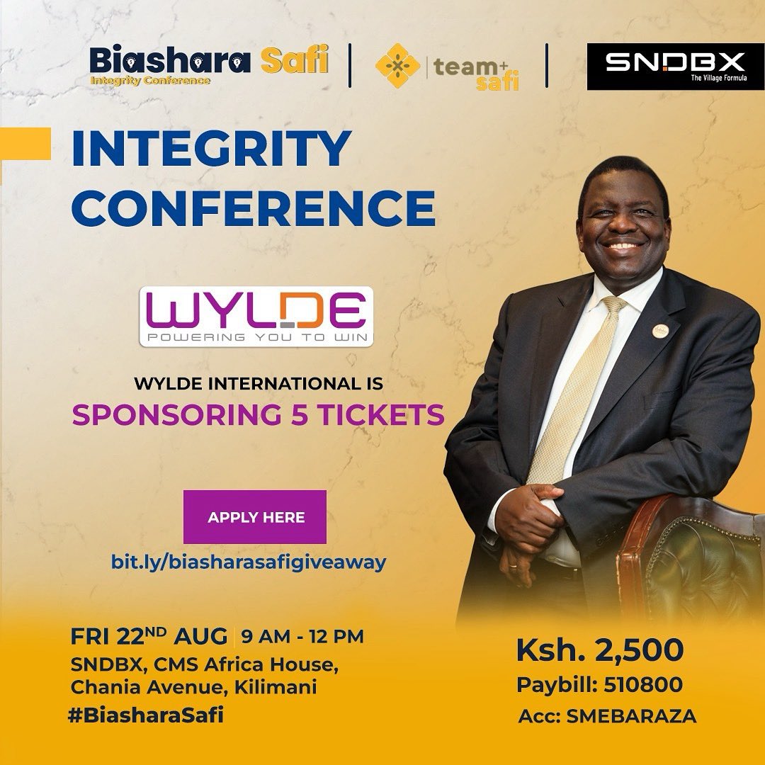 ✨ <a href="/WyldeInt/">WYLDE International</a> is giving away 5 sponsored tickets to the Biashara Safi Integrity Conference!

This is your chance to gain practical strategies to grow your business; with integrity at the core.

👉 Apply now: bit.ly/biasharasafigi…