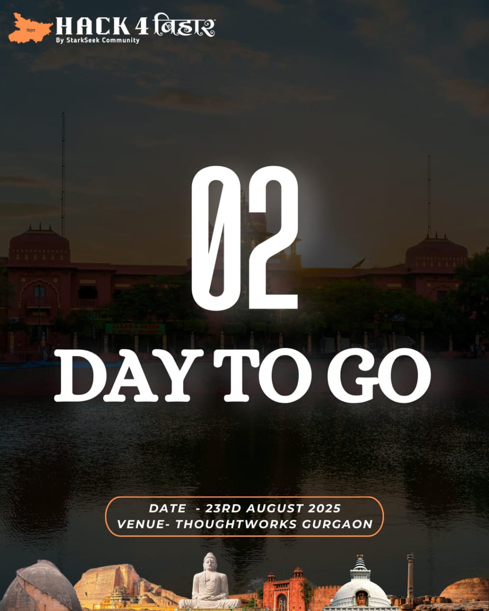 Hack4Bihar's tweet image. 2 Days to Go!

Only 48 hours left!
Hack4Bihar isn’t just a hackathon  it’s Bihar’s innovation spirit coming alive.
Pack your ideas, your energy, and your passion — the countdown is on!

#Hack4Bihar #2DaysToGo #CodeForChange