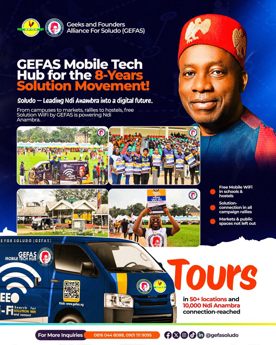 Gefasoludo's tweet image. The digital future is no longer a promise. It is happening now.

With GEFAS #MobileTechHub Ndi Anambra are experiencing free WiFi that connects, empowers, and transforms everyday life. This is the #SoludoSolution in action.

#DigitalAnambra #GEFAS #VoteSoludoIbezim2025