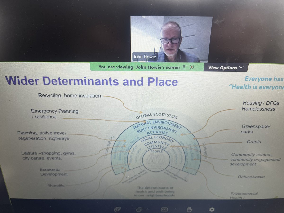 charlene_brooks's tweet photo. Currently hearing from John Howie, Public Health Scotland on the @belfasthealthy webinar about how important PLACE is in ensuring people benefit from a healthy, equal and sustainable lifestyle 
#healthyplaces #endingviolenceagainstwomenandgirls #placebasedapproach https://t.co/tptAIaeSPj