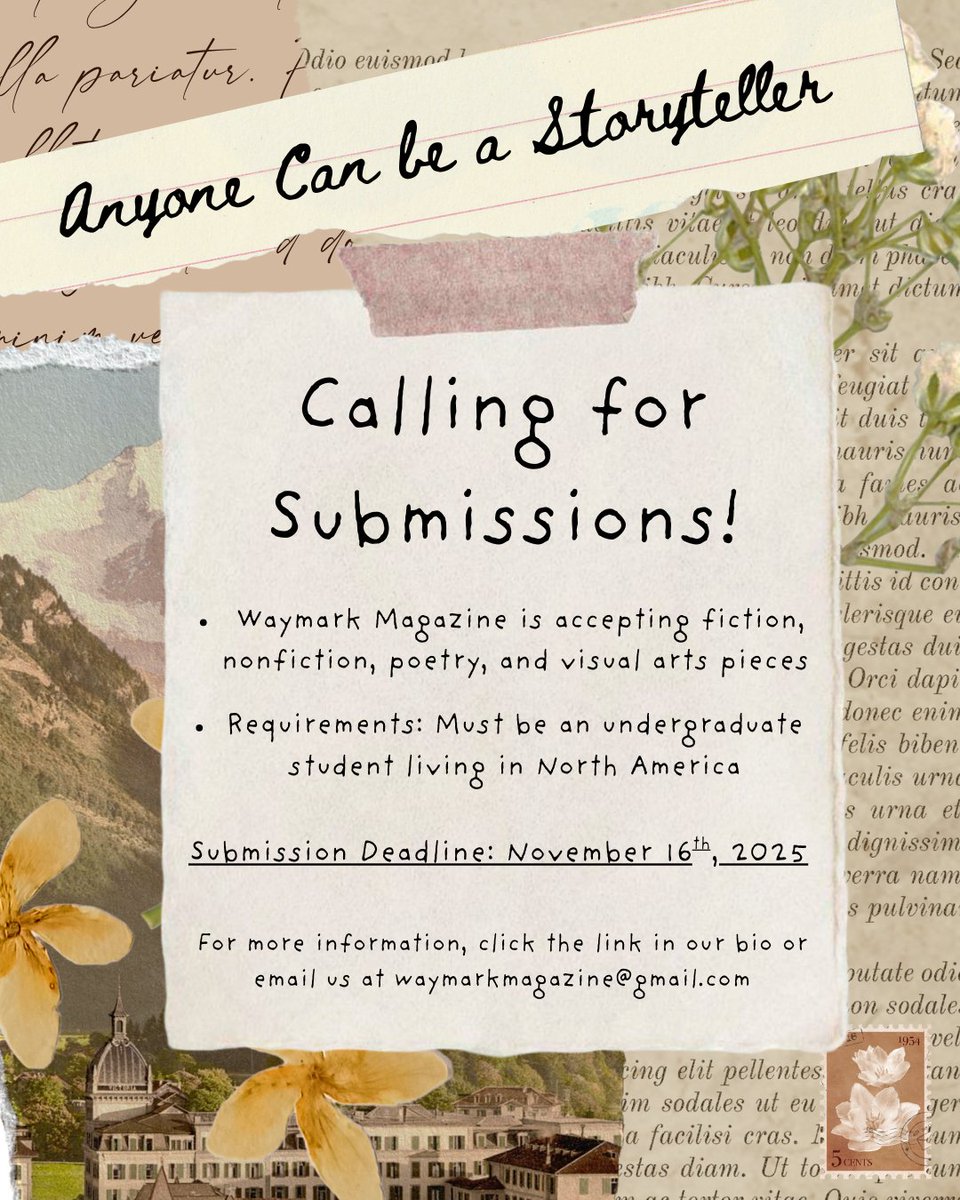 ⭐CALL FOR SUBMISSIONS⭐
Waymark Lit Mag is accepting poetry, fiction, nonfiction, art &amp; photography for our Fall/Winter '25 issue!
🗓️ Deadline: Nov 16, 2025, 11:59pm EST
🔗See bio for guidelines!
#CallforSubmissions #LitMag #Poetry #Art