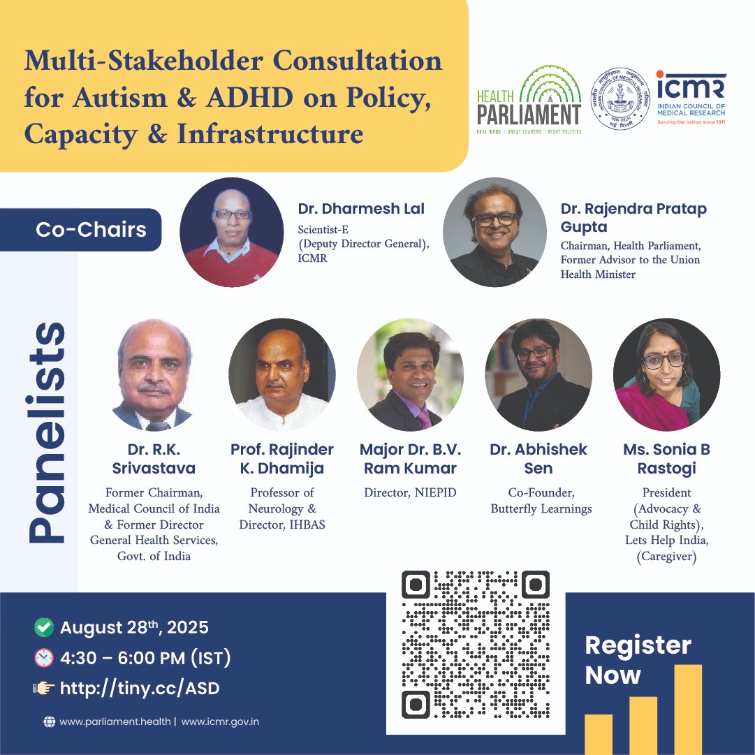 Shaping the Future of Neurodiversity in India 🌍
We are excited to announce the Joint Online Workshop on Neurodiversity– Autism &amp; ADHD, co-hosted by the <a href="/ICMRDELHI/">ICMR</a> and Health Parliament.
 
28th August 2025
4:30 – 6:00 PM IST

Register here: tiny.cc/ASD