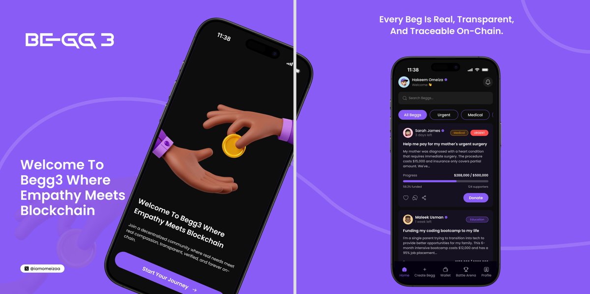iamomeizaa's tweet image. Had so much fun turning this brief from @Designers_Tribe into actual screens 👀
Here’s my take on the Begg3 platform a decentralized space where compassion meets transparency.

Would love your thoughts 💜 #UIUXDesign #Web3Community #web3designchallenge