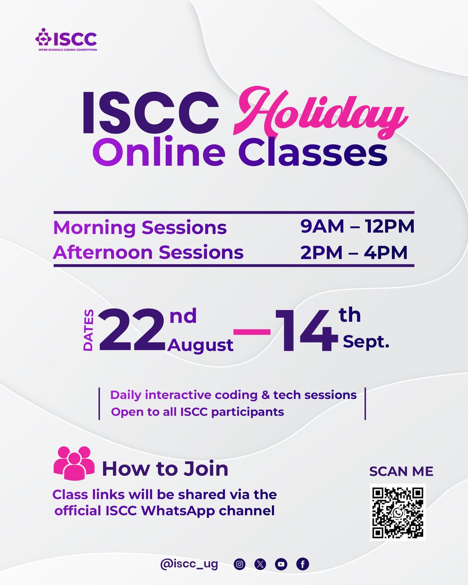 iscc_ug's tweet photo. The ISCC Holiday Classes are here. You wouldn’t want to miss these.
Scan the QR code and follow our WhatsApp channel for more updates.
See you in class🤗
#iscc_ug #UgandaBiggestTechEvent https://t.co/nhVsl9HxnX