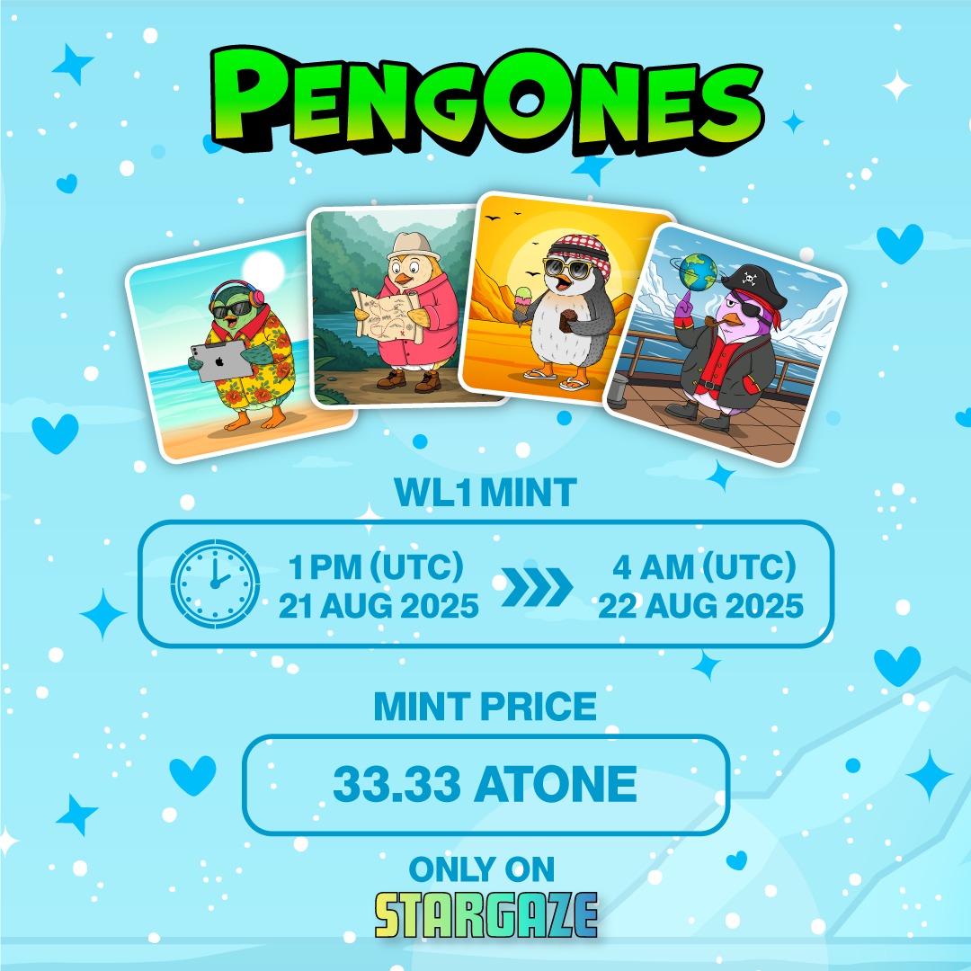 🐧 PengOnes WL Stage 1 is LIVE! 🐧

The first ever NFT collection minting in $ATONE on @stargazezone has begun.

⏰ 33.33 $ATONE each
🔗 Mint here: stargaze.zone/l/pengones

Join the colony. Claim your PengOne. Secure your yield.
#PengOnes #ATONE #Stargaze