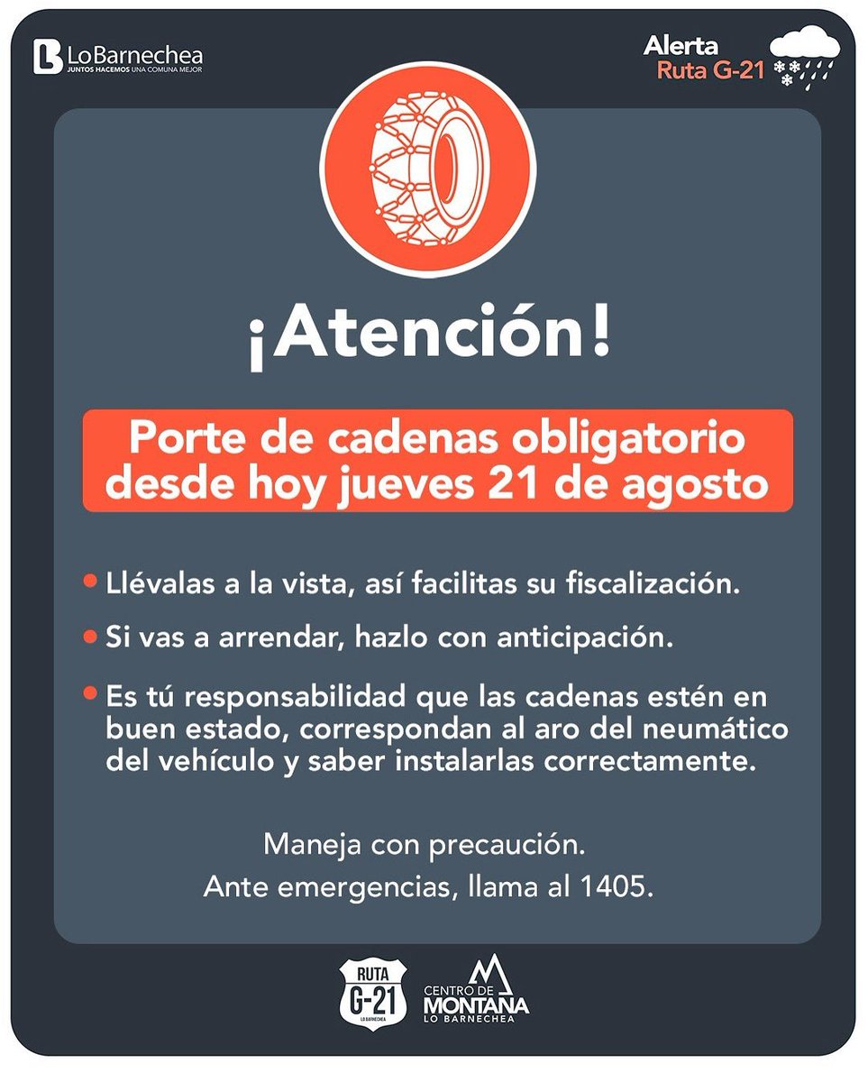 🚨 Atención conductores: desde hoy 21 de agosto el porte de cadenas es obligatorio en la G21.

🌨️ Nevando hasta El Manzano (curva 16)
⛓️ Postura de cadenas entre curva 14 y 15
✔️ Llévalas a la vista y en buen estado.
📞 Emergencias: 1405

#LoBarnechea