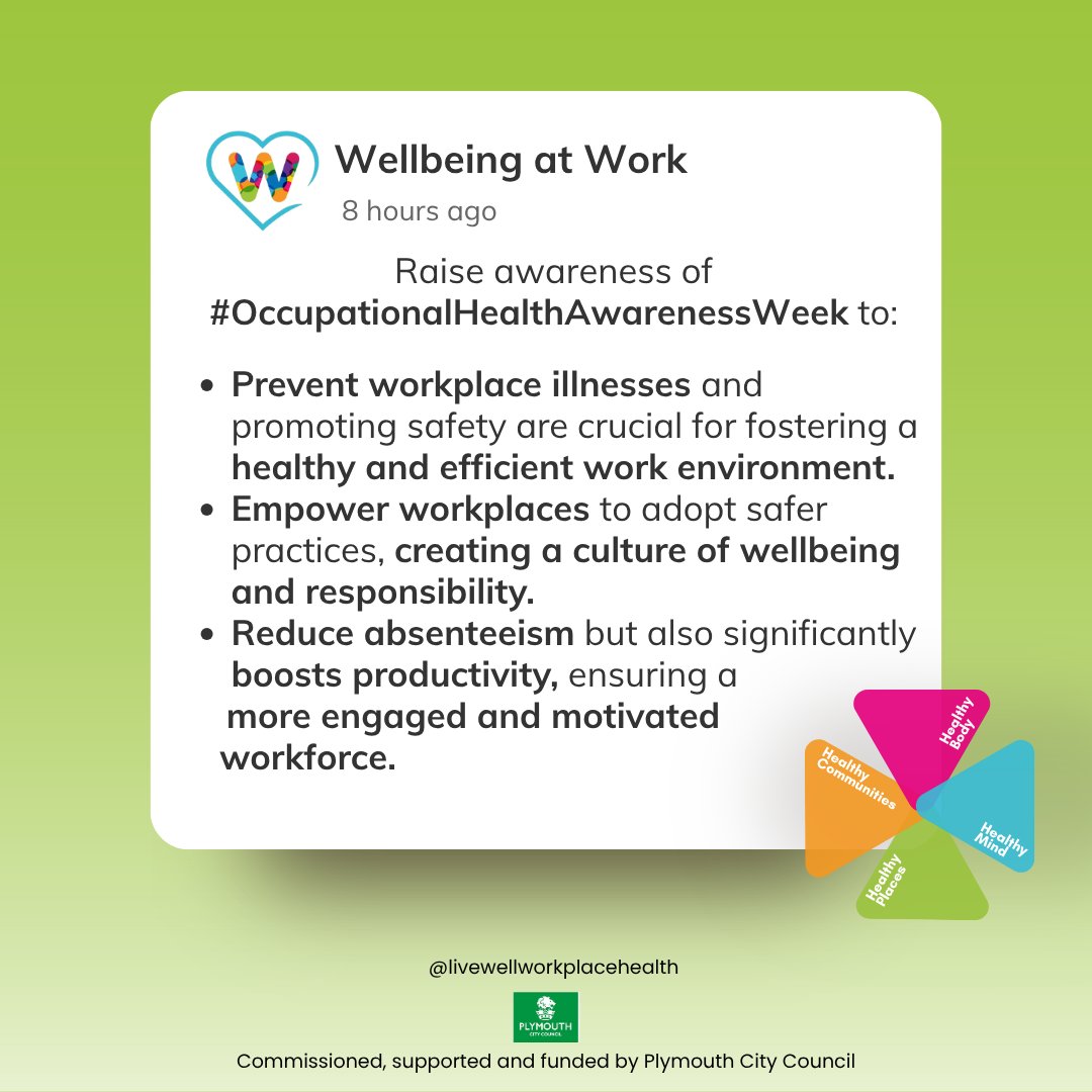 Livewell Workplace Health (Wellbeing at Work) (@wellbeing_work) on Twitter photo 🦺 From the 18th-24th Is #OccupationalHealthAwarenessWeek!
Your health at work matters 💼
Prioritise safety, wellbeing & support—because healthy work = happy life.
#OccupationalHealth #WorkplaceWellbeing #HealthyWorkplace
<a href="/livewellsw/">Livewell Southwest</a> <a href="/PHPlymouth/">Public Health Plymouth</a> <a href="/oneyouplymouth/">One You Plymouth</a> 🦺 From the 18th-24th Is #OccupationalHealthAwarenessWeek!
Your health at work matters 💼
Prioritise safety, wellbeing & support—because healthy work = happy life.
#OccupationalHealth #WorkplaceWellbeing #HealthyWorkplace
<a href="/livewellsw/">Livewell Southwest</a> <a href="/PHPlymouth/">Public Health Plymouth</a> <a href="/oneyouplymouth/">One You Plymouth</a>