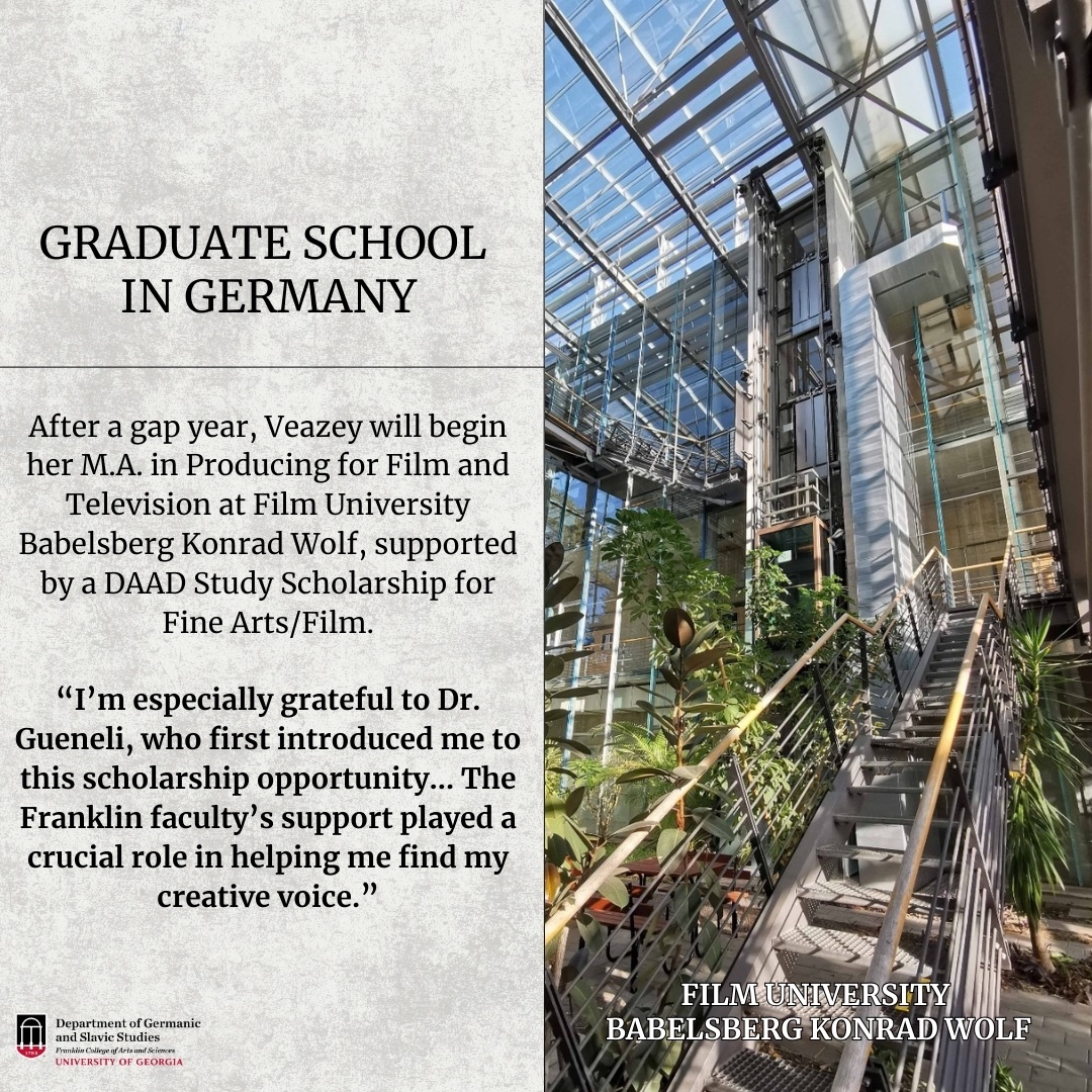 GSSatUGA's tweet photo. Meet Ashley Veazey 🎬🇩🇪
Ashley made the most of every opportunity at UGA. Now she’s heading to Germany to pursue her M.A. in Producing for Film &amp; Television. 

Read an extended version of Ashley's story on our website at https://t.co/AwU1R00jxO

#GSSatUGA #AlumniSpotlight https://t.co/JLGddptlmm