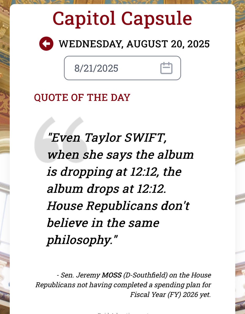 Bill G. Schuette (@schuette_bill) on Twitter photo I can confirm that <a href="/MI_Republicans/">Michigan House Republicans</a> don’t look to Taylor Swift for advice on the state budget.
Instead we are focused on finding value for your tax dollars I can confirm that <a href="/MI_Republicans/">Michigan House Republicans</a> don’t look to Taylor Swift for advice on the state budget.
Instead we are focused on finding value for your tax dollars