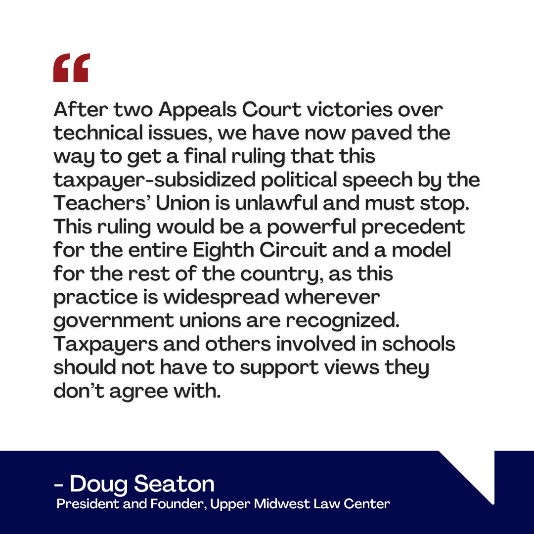 ICYMI: UMLC claimed another victory in the fight to end taxpayer-funded political speech!

Now that taxpayers have the legal standing to sue, we await a final ruling. Stay tuned! umlc.org/eighth-circuit…