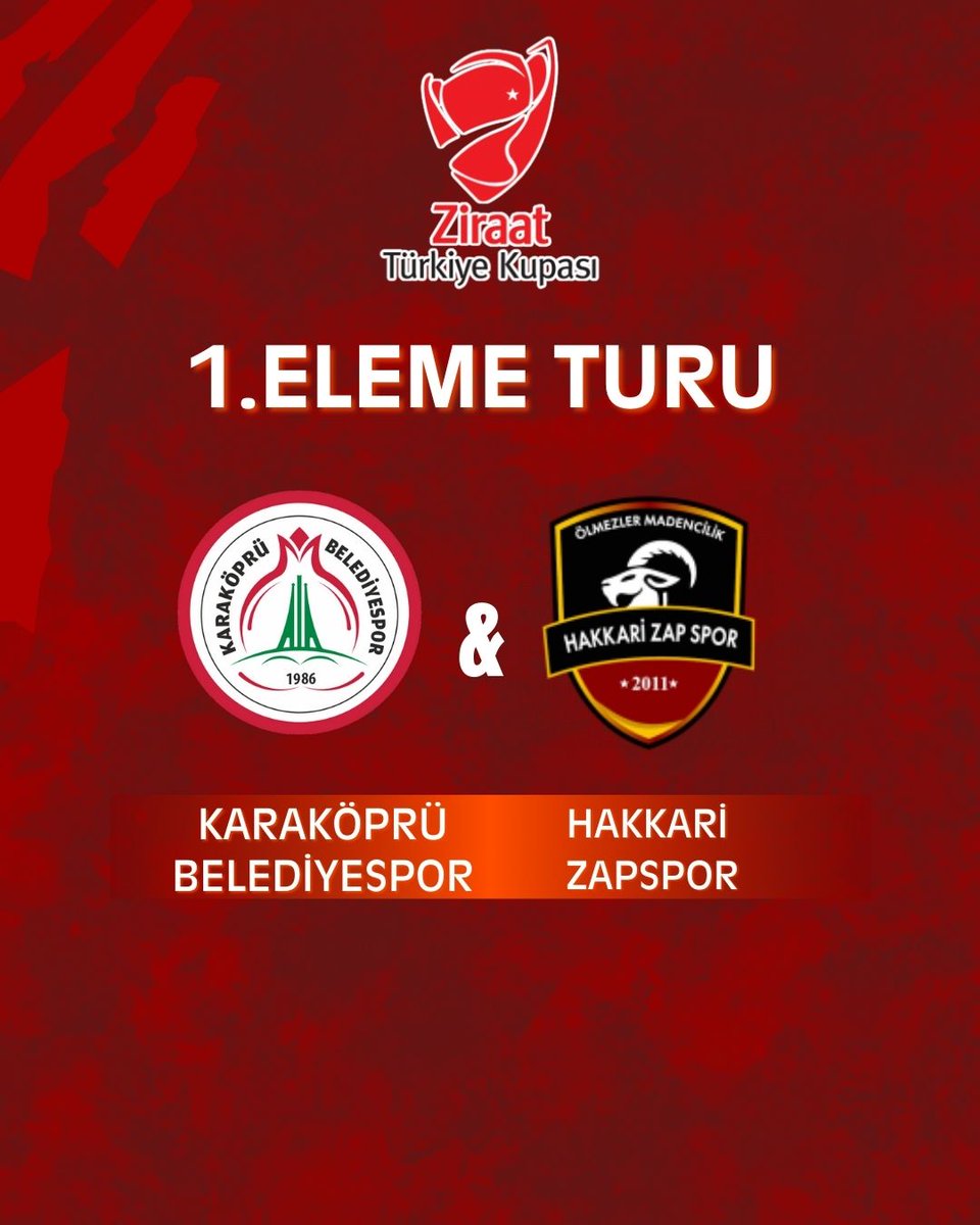 Ziraat Türkiye Kupası’nda 1. eleme turu eşleşmelerinde rakibimiz Hakkari Zapspor oldu.

İlk tur maçları 2-3-4 Eylül tarihlerinde oynanacak. 1. eleme turu müsabakası sahamızda oynayacak.

#ZiraatTürkiyeKupası