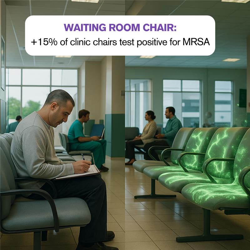 HaystackRobotic's tweet image. 🪑 Episode 2 – Waiting room chair: looks clean… but is it? 🤔
That “clean” seat could still carry invisible bacteria, even #MRSA.
✔️ VioletGen4 kills pathogens in &lt;15 mins with smart UVC.
#haystackrobotics #SmartDisinfection #uvcdisinfection #healthcare #PathogenHotspots