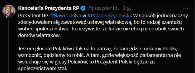 Grzegorz Laskowski (@laskowski_pl) on Twitter photo Wolnościowcy, którzy zagłosowali za <a href="/prezydentpl/">Kancelaria Prezydenta RP</a> mają teraz niezłą zagwozdkę, to prezydent będzie decydował co jest dla was dobre, jak baćka.
W sprawie wiatraków miała decydować rada gminy, którą dużo łatwiej zmienić niż prezydenta, o czym się jeszcze brutalnie przekonacie. Wolnościowcy, którzy zagłosowali za <a href="/prezydentpl/">Kancelaria Prezydenta RP</a> mają teraz niezłą zagwozdkę, to prezydent będzie decydował co jest dla was dobre, jak baćka.
W sprawie wiatraków miała decydować rada gminy, którą dużo łatwiej zmienić niż prezydenta, o czym się jeszcze brutalnie przekonacie.