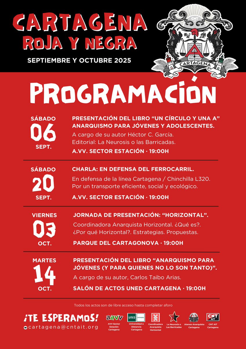 CNT AIT Cartagena (@cntaitcartagena) on Twitter photo Programación de las jornadas 🔴⚫️ "Cartagena Roja y Negra" 🌐 cntaitcartagena.blogspot.com/2025/08/progra… <a href="/horizontal_rga/">Horizontal. Coordinadora Anarquista</a> <a href="/carlos_taibo/">Carlos Taibo</a> <a href="/editorialnb/">La Neurosis o Las Barricadas Ed.</a> Programación de las jornadas 🔴⚫️ "Cartagena Roja y Negra" 🌐 cntaitcartagena.blogspot.com/2025/08/progra… <a href="/horizontal_rga/">Horizontal. Coordinadora Anarquista</a> <a href="/carlos_taibo/">Carlos Taibo</a> <a href="/editorialnb/">La Neurosis o Las Barricadas Ed.</a>
