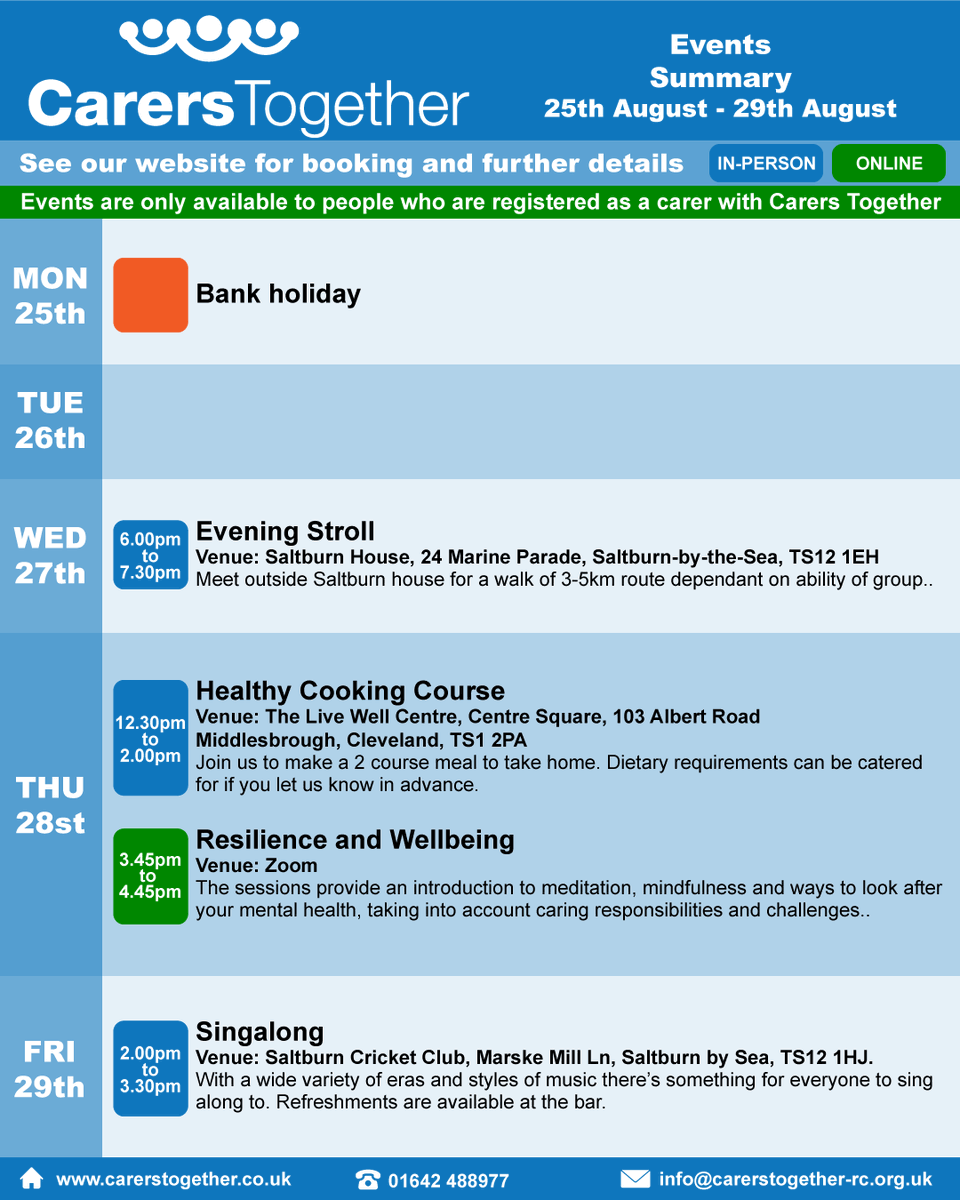 A summary of the events and groups on at Carers Together next week
- beginning 25th August.
For further information and to book onto an event visit our website at carerstogether.co.uk/events/