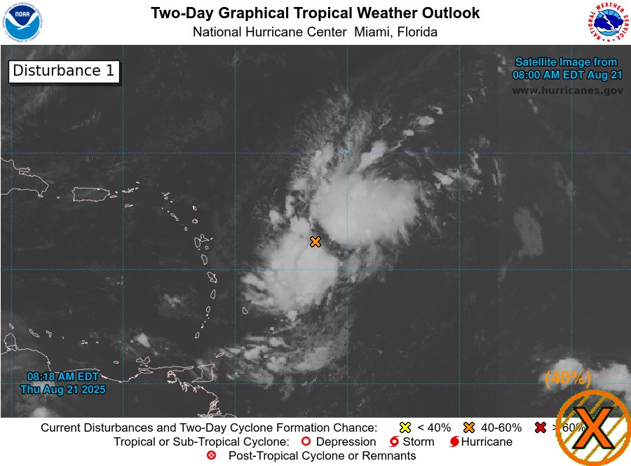 TrevorTropicsWX's tweet photo. ATL #HurricaneSeason2025 8am EDT
AOI Near the #LeewardIslands as 40% chance to become a TC in 2 days and 70% in 7 days
threat to land is expected
Next invest no:#Invest90L/#90L/#AL90
Next name:#Fernand
#wxX #wxtwitter #Tropicswx #Tropicalwx #Tropics #Hurricaneseason #Hurricane https://t.co/pTktg8SSbc