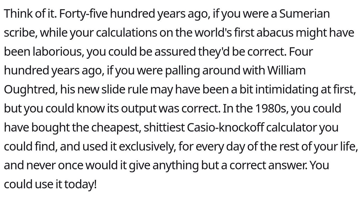 It Took Many Years And Billions Of Dollars, But Microsoft Finally Invented A Calculator That Is Wrong Sometimes

- Abigail Segel, Defector
defector.com/it-took-many-y…