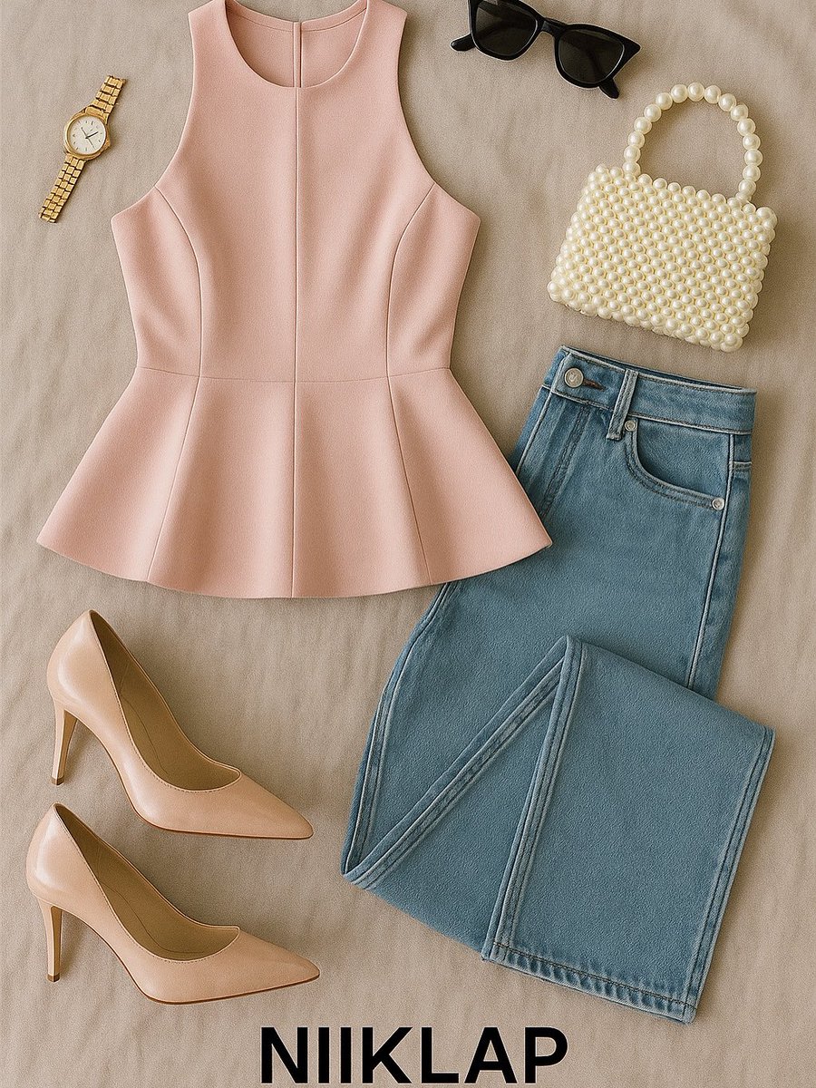 NIIKLAP's tweet photo. A blush peplum top, timeless denim, nude heels &amp; pearls – the perfect combo https://t.co/7RZSgJYZ3d