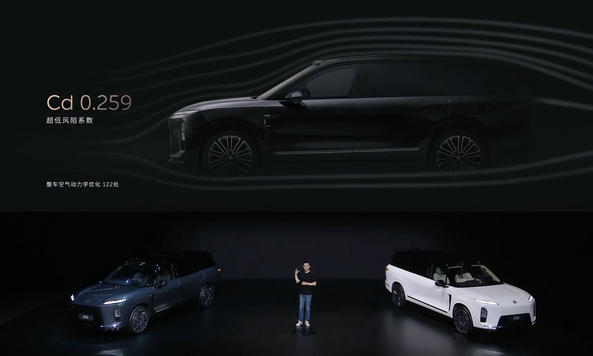 CNEVhome's tweet photo. The all-new $NIO ES8 has a dual-motor output of 520 kW. For such a large SUV, it does 0–100 km/h in 3.97 seconds, with a 100–0 km/h braking distance of 34.9 meters.

It comes standard with a 102 kWh battery, offering 635 km CLTC range and energy consumption of 16.6 kWh/100 km.

In addition, the drag coefficient is just 0.259 Cd. #ChinaEV #NEV