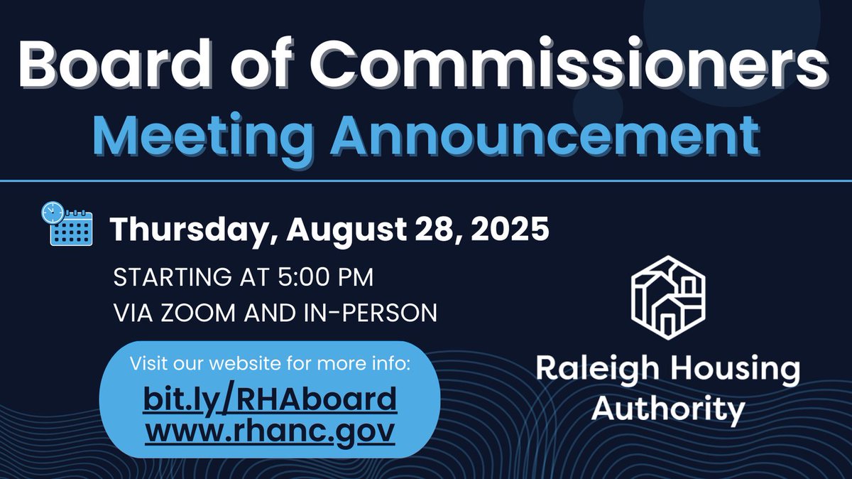 PUBLIC NOTICE: The RHA Board of Commissioners next monthly meeting is scheduled for Thursday, August 28, 2025, at 5:00 p.m. Meetings are held both in person and via Zoom. Visit our website for details: rhanc.gov/public-meeting…