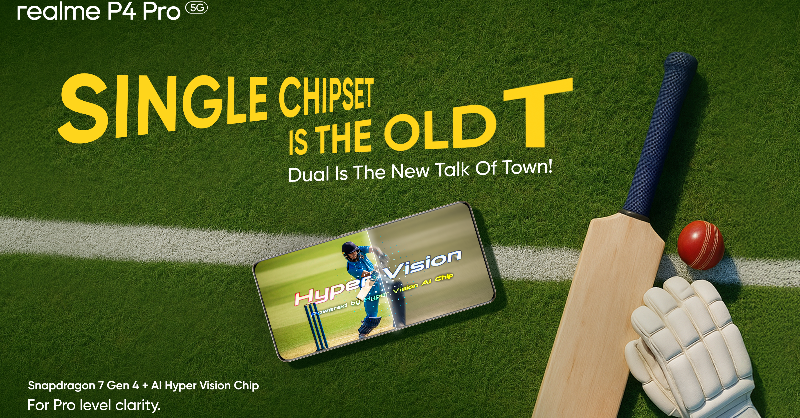 realmeIndia's tweet photo. The OLD T is bowled out! 
Step up to the power of Dual Chip with the realme P4 Pro.

First Sale: 27th August, 12PM.
Starting ₹19,999 | ₹3000 Bank Offer | ₹2000 Exchange Bonus