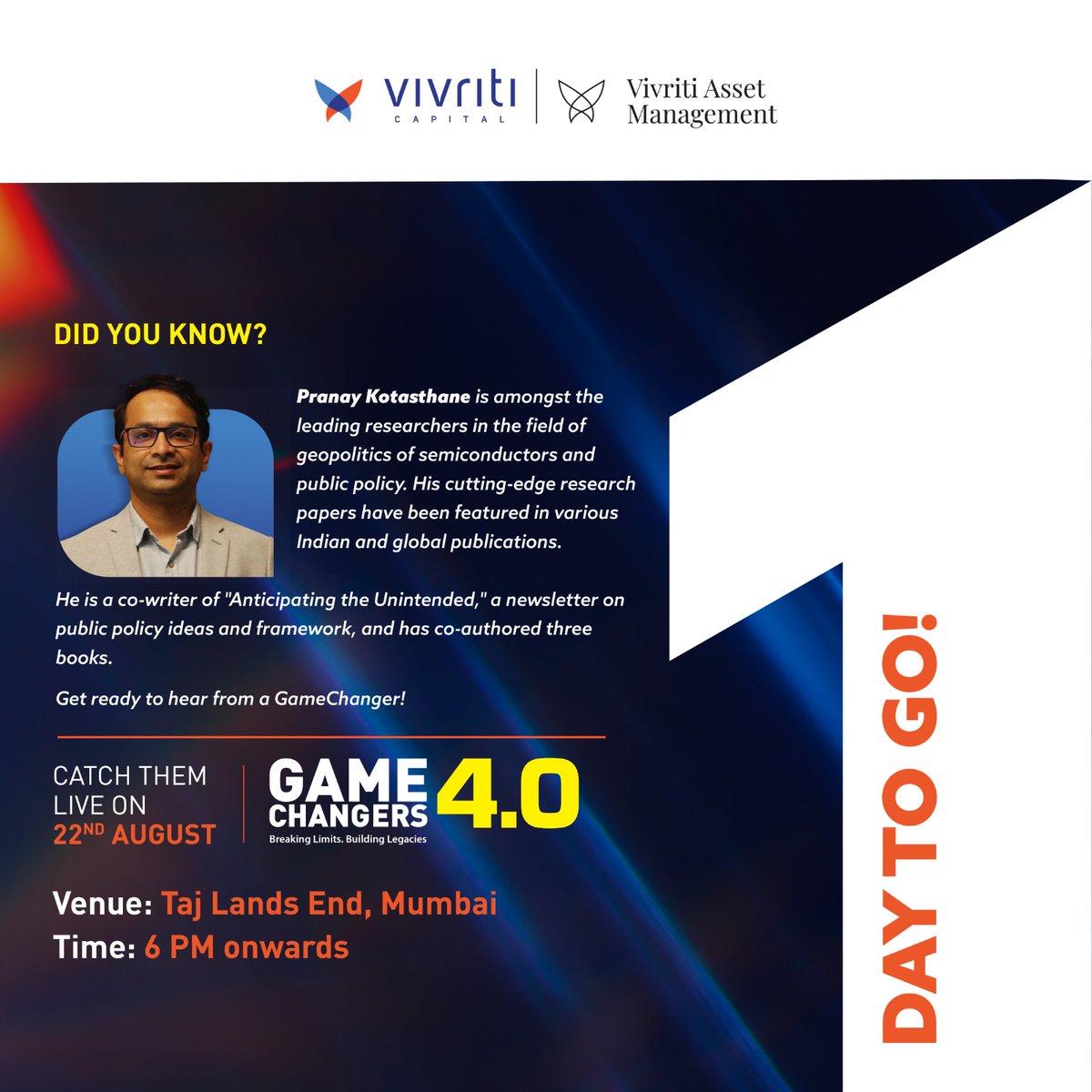 The stage is set - only 1 Day to go for GameChangers 4.0! Join us as <a href="/pranaykotas/">Pranay Kotasthane</a> takes the stage as a moderator in an engaging panel discussion on "Borderlines and Bottom Lines: How Geopolitics is Reshaping Indian Business Strategy". 

#GameChangers2025 #GameChangerSummit