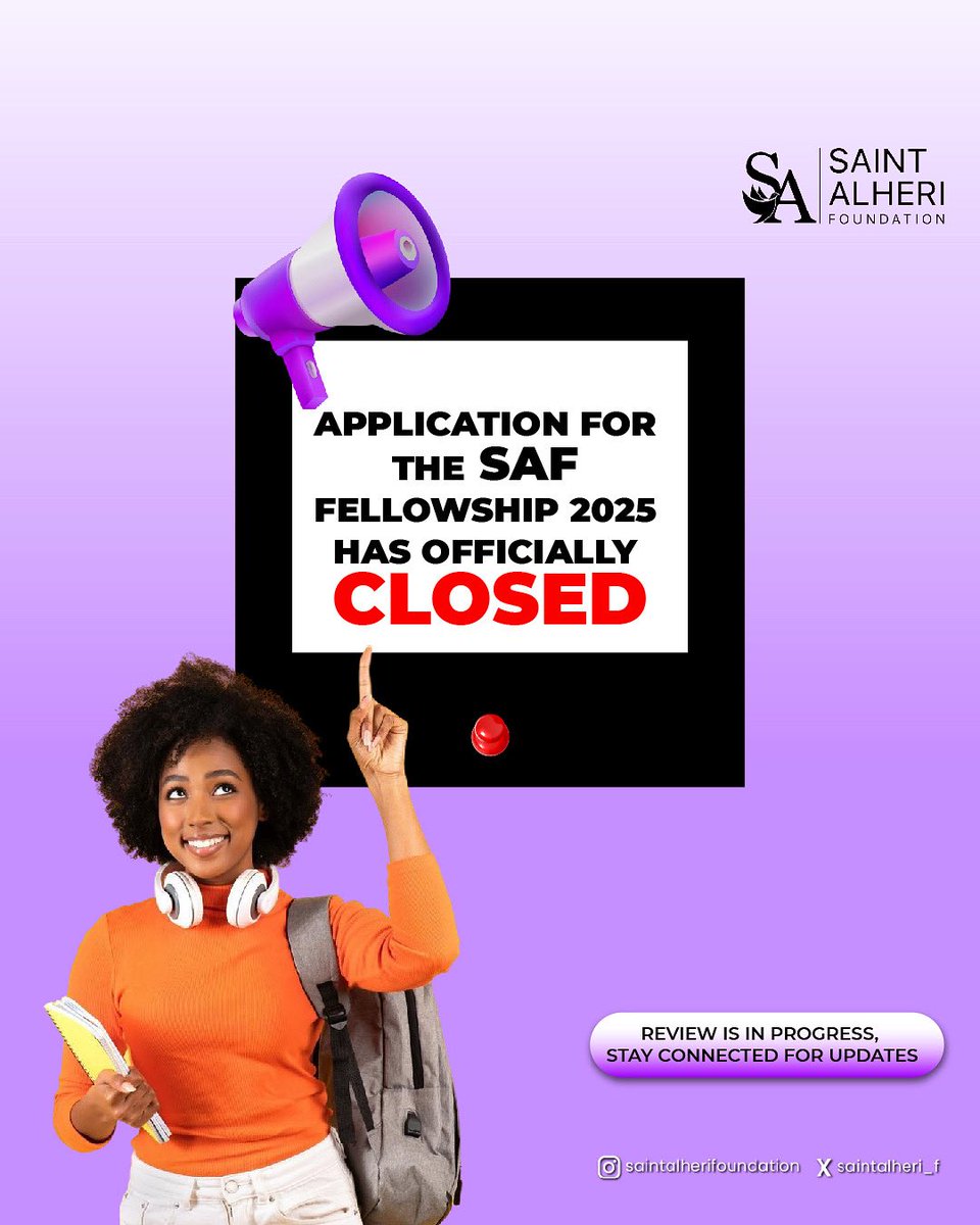 saintalheri_f's tweet photo. 🚨 APPLICATIONS CLOSED! 🚨  

The SAF Fellowship 2025 application window is now officially CLOSED.  

A big thank you to everyone who applied! 🎉  
Our team is now reviewing all submissions — stay tuned for updates and next steps.  

#SAFellowship2025 #SaintAlheriFoundation https://t.co/jCybEbaLzx