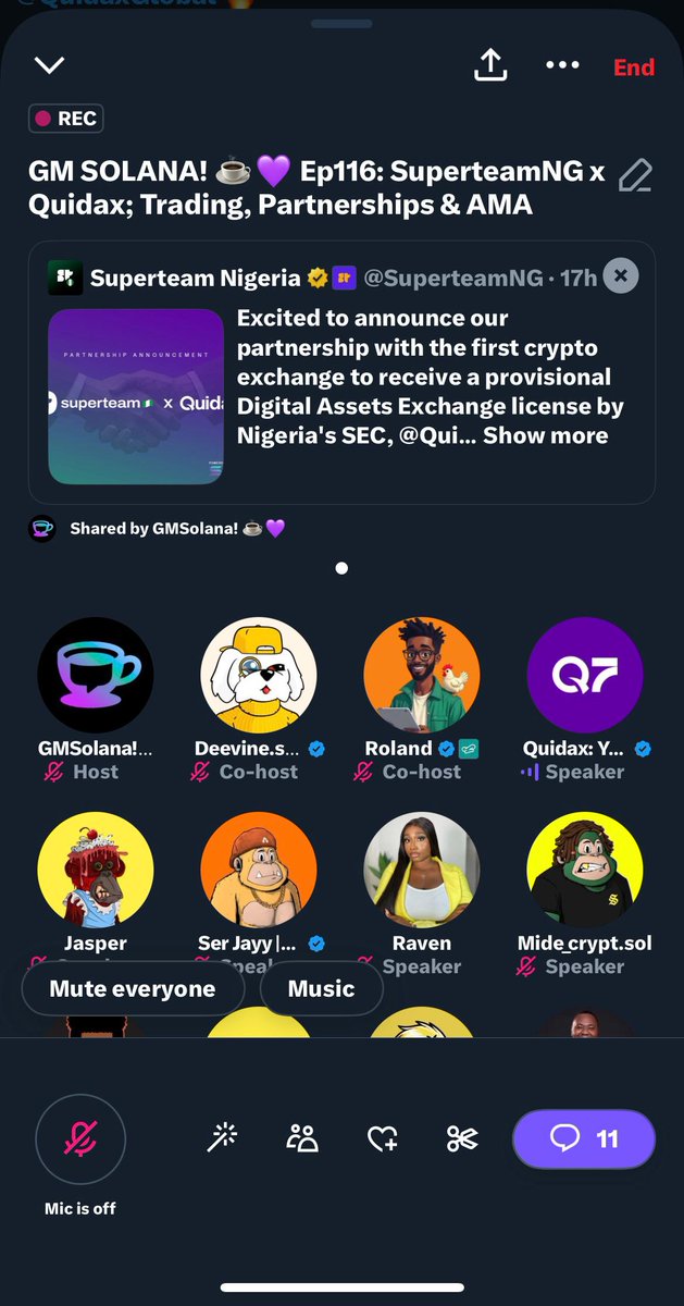GMSolana! ☕💜 (@gmsolana_show) on Twitter photo We had an amazing time on today’s episode of our Morning Solana Chat! 🎙️
We went deep into the <a href="/QuidaxGlobal/">Quidax: Your Crypto Plug</a> ecosystem, their SEC licensing, fresh partnership with <a href="/SuperteamNG/">Superteam Nigeria</a> , listed bounties, and what all this means for crypto here in Nigeria.
Clips from the convo soon📼 We had an amazing time on today’s episode of our Morning Solana Chat! 🎙️
We went deep into the <a href="/QuidaxGlobal/">Quidax: Your Crypto Plug</a> ecosystem, their SEC licensing, fresh partnership with <a href="/SuperteamNG/">Superteam Nigeria</a> , listed bounties, and what all this means for crypto here in Nigeria.
Clips from the convo soon📼