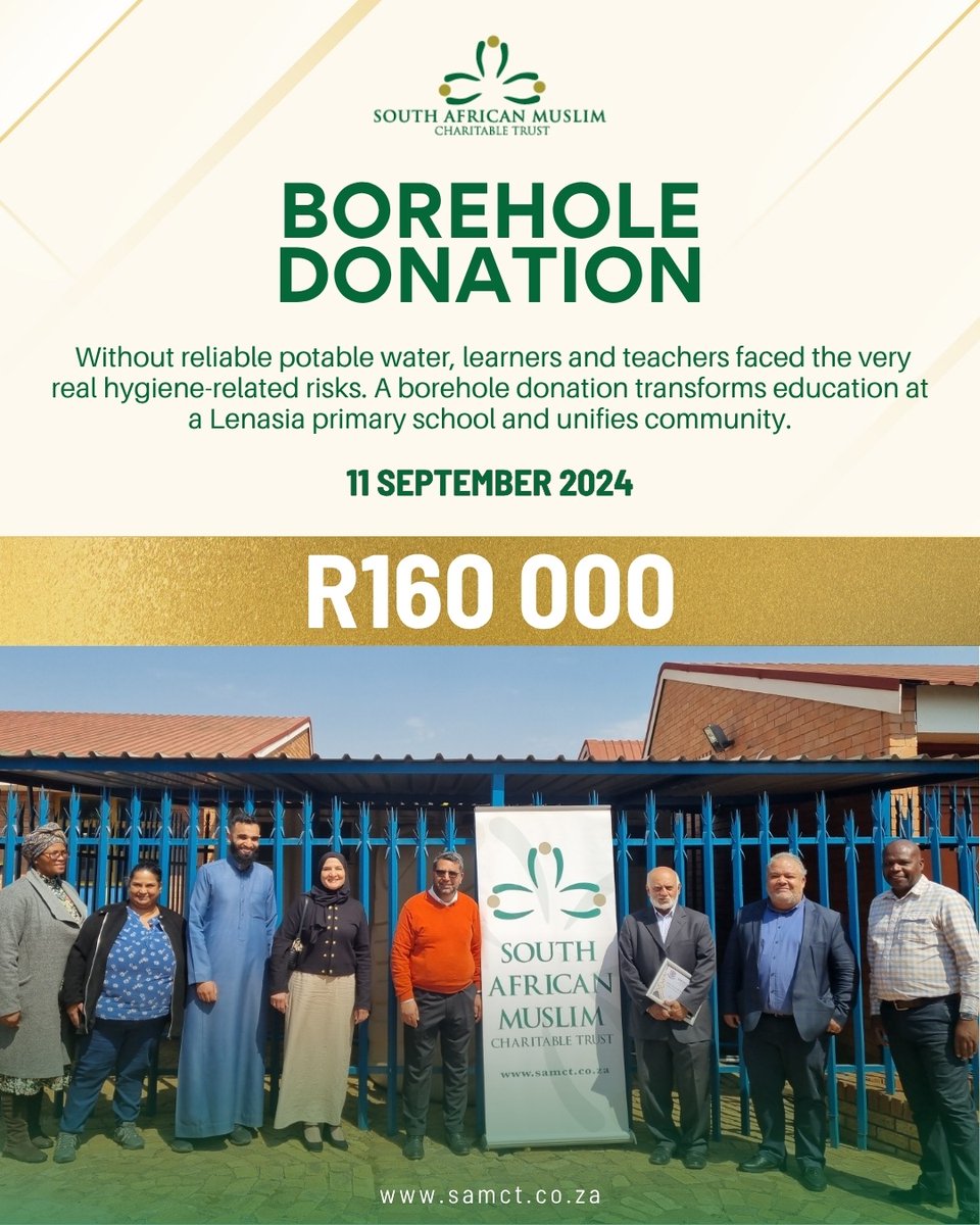 No more disruptions. Just clean, consistent water — every day.
We’ve proudly donated a R160 000 borehole to a Lenasia primary school, putting an end to water outages that once interrupted learning.

samct.co.za