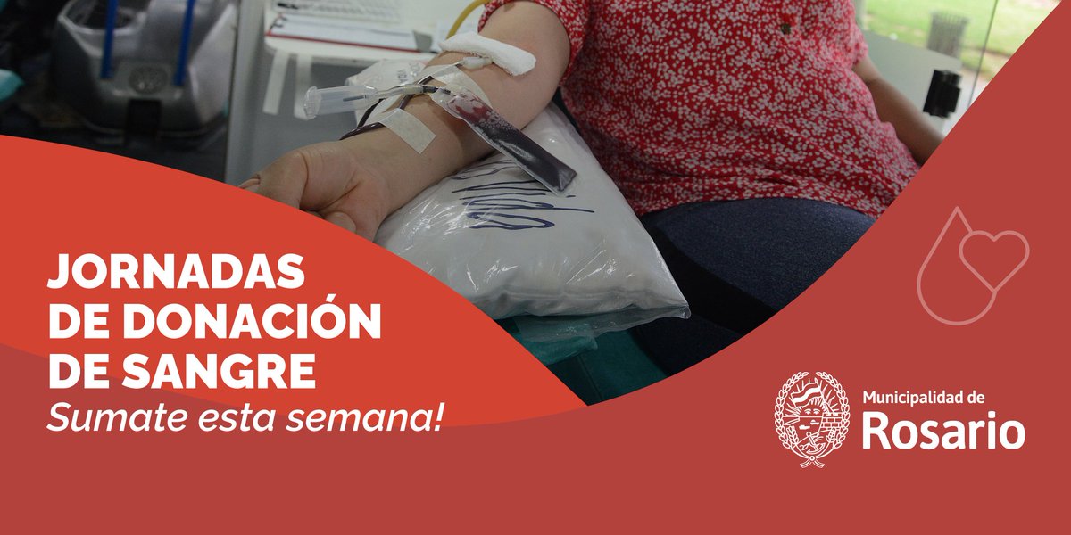 Sumate esta semana a donar Sangre!🩸
🕘9 a 12 hs
📅 MAR 09/09📍Concejo Municipal de Rosario  Córdoba 501 
📅 JUE 11/09📍Fc. Cs. Exactas, Ingeniería y Agrimensura  Av. Pellegrini 250
🕣 8.30 a 12 hs
📅 VIE 12/09 📍HECA  - Ingreso por Crespo
Turnos: l.rosario.gob.ar/donar-sangre 🙌