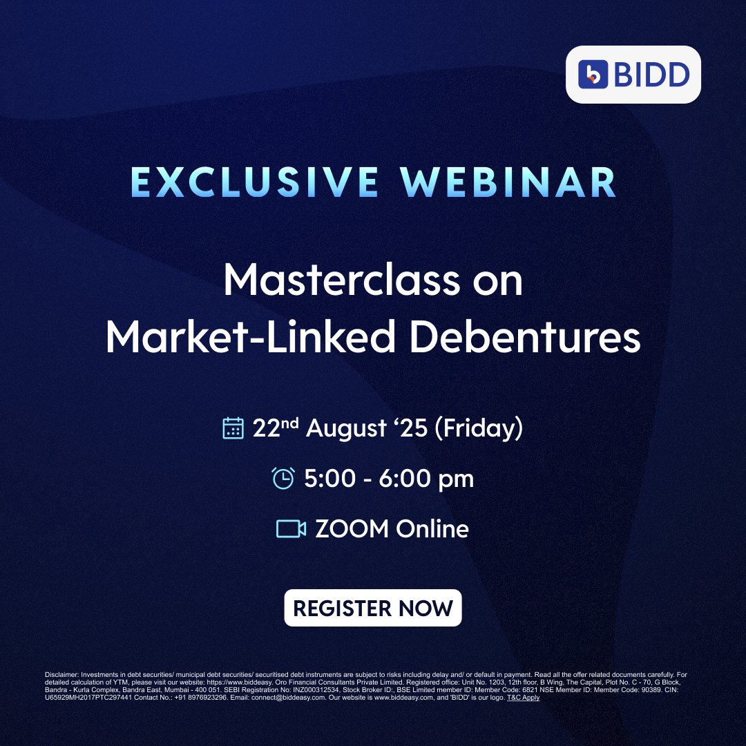 BiddEasy's tweet image. Navigating volatility requires smart tools.
Market-Linked Debentures (MLDs) offer a unique way to balance risk and reward.

Join our exclusive Masterclass
📅 21st Aug 2025, Friday |🕒 5–6 PM
👉 Register Now: us06web.zoom.us/j/86418990169

#Bidd #BiddEasy #Bonds #CorporateBonds #Webinar