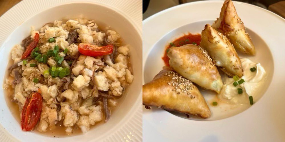 roppuI's tweet photo. トルクメニスタン🇹🇲パビリオンのお料理
ドグラマは牛スジのスープがイメージに近い
フラットパンも入って満足感もある　美味しい
ソムサは説明通りのイメージの惣菜パン
ポット🫖も素敵

90分待ちだったが後悔しない
「テラスはすぐドゾ」と言われたがその席は日干しレンガになる…  #大阪・関西万博 https://t.co/qa3EySXZAe