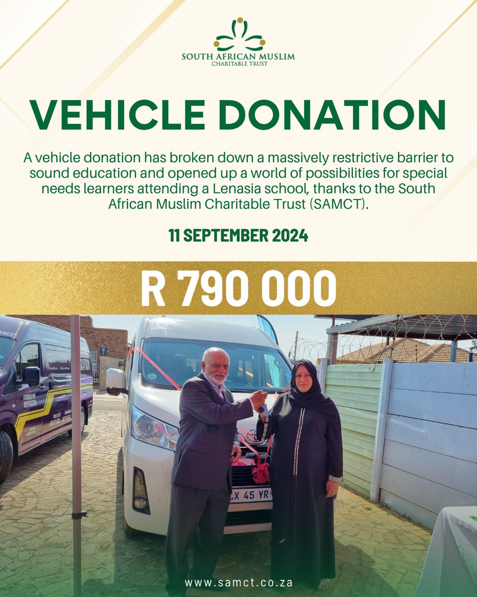 Mobility is empowerment.
Our R790 000 vehicle donation ensures that special needs learners in Lenasia have safe, accessible transport to and from school — breaking down barriers to education.

samct.co.za