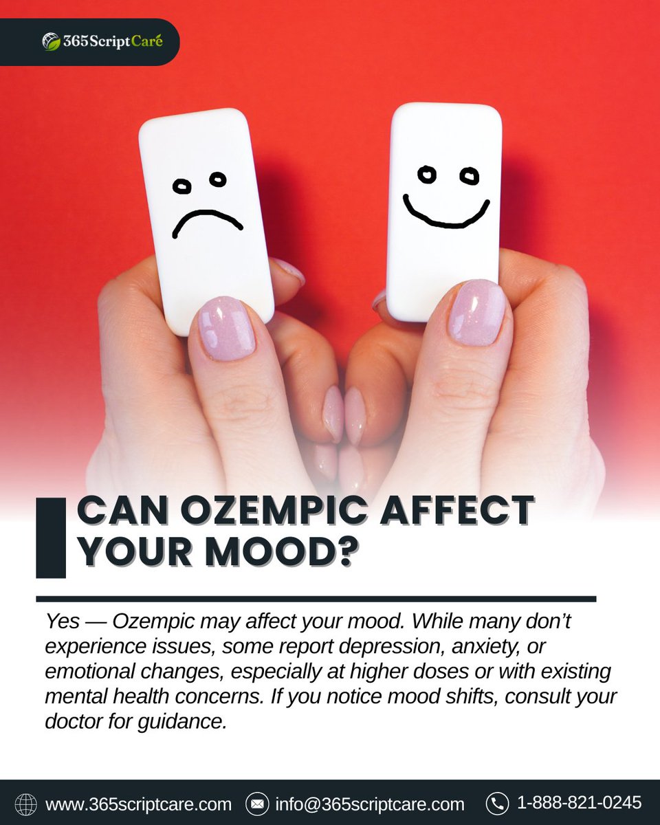 365ScriptCare's tweet image. 🌟 Can Ozempic affect your mood? 🌟
While many people tolerate it well, some users report mood changes such as anxiety, depression, or emotional shifts—especially at higher doses or if they already have mental health concerns. 💭 A
#Ozempic #OzempicSideEffects #MoodChanges