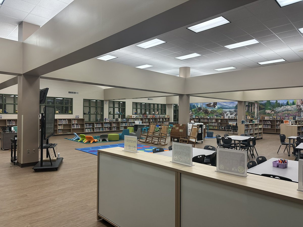 ese_library's tweet image. The school year started with library renovations: new floor, new shelves (movable with magnetic white boards on the back 😍), new desk, new Chromebook cart, and a Newline Panel. ❤️ #ESEsoar