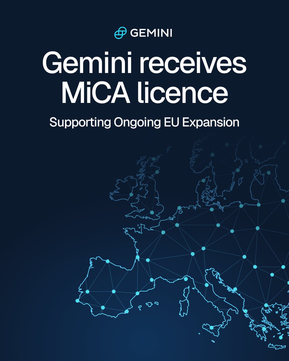 BIG news! Gemini has received its MiCA license 🇪🇺 This approval marks a  major step forward, allowing us to bring trusted and regulated crypto  access to over 30 European countries.